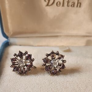 Vintage | Kay's Jewerly Purple and Clear Flower Brass Earrings Screw Back 1960's
